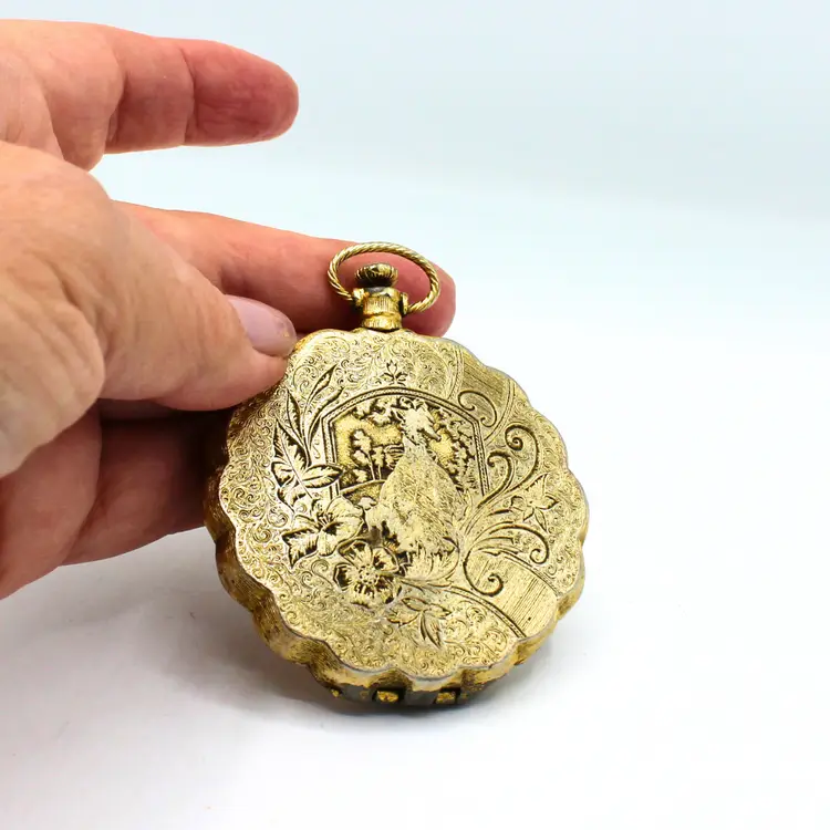 Vintage Max Factor Compact Golden Lark Pocket Watch Style Vanity Collectible