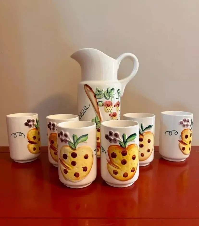 Kitsch 7 Piece Set Vintage Juice Pitcher & Matching Cups Embossed Design Japan