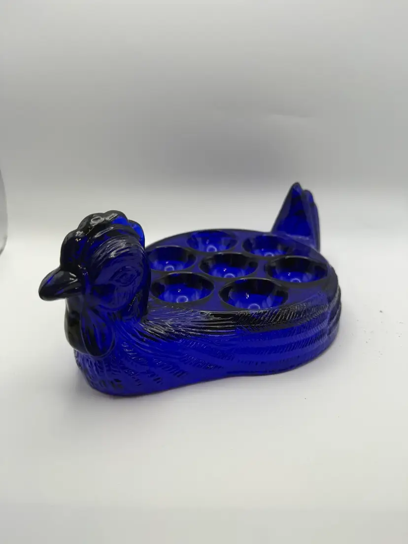 Mid Century Cobalt Blue Glass Chicken-Shaped Egg Holder