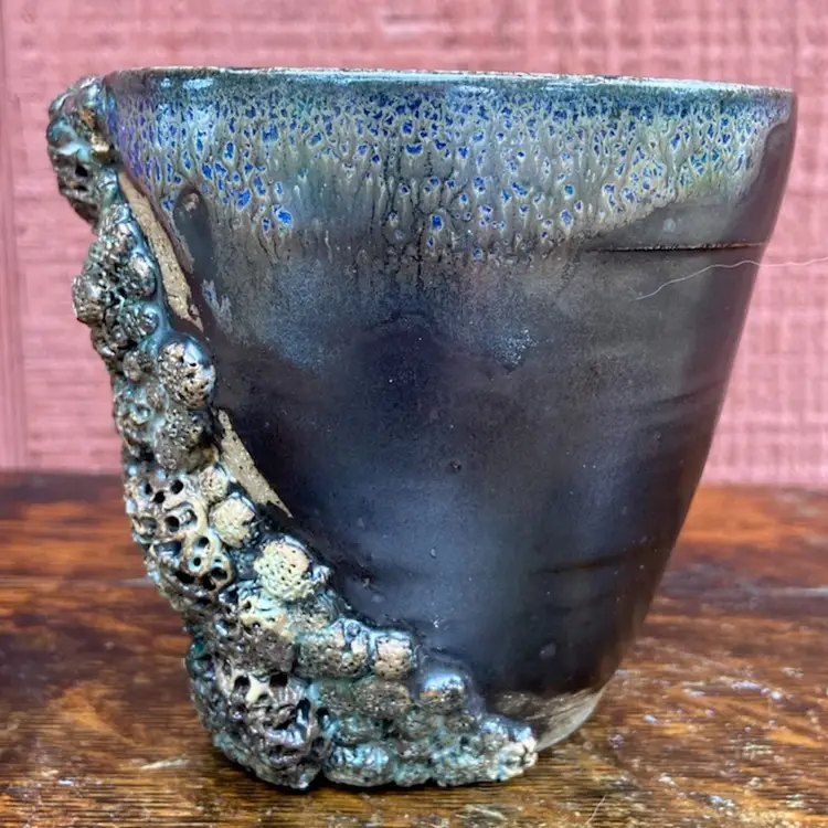 Handmade Barnacle Or Lava Style Mug With Drip Glaze Interior. 4”h & 10 Ounces. Signed Toad Stool. *read