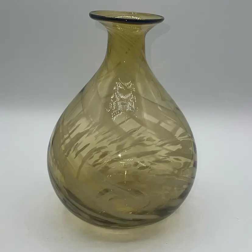 Art Glass Vase Light Amber Color White Swirls 8.25” Tall