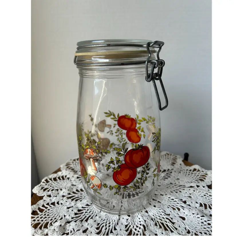 Vintage Spice Of Life Arc France Mushroom & Veggie Glass Canister 1.5 Liters 