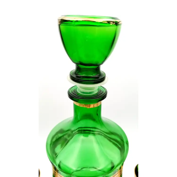 Vintage Cristallerie Artistiche Green & Gold Decanter Cordial Glass Set, Italy