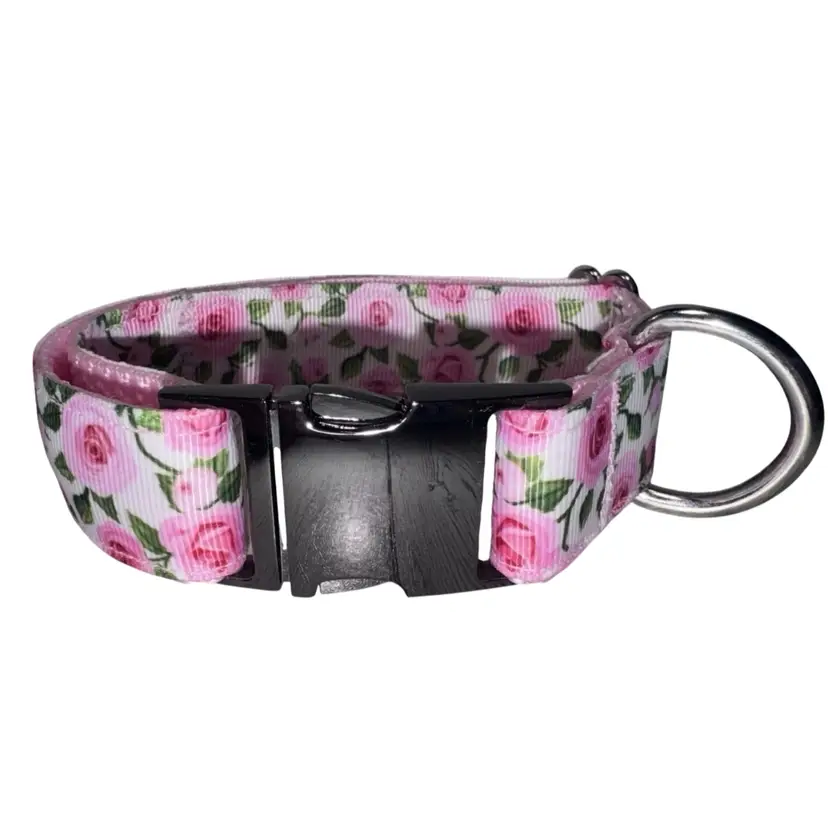 Dog Or Puppy Collar Pink Roses 1” Wide Small Handmade NEW With Metal Buckle