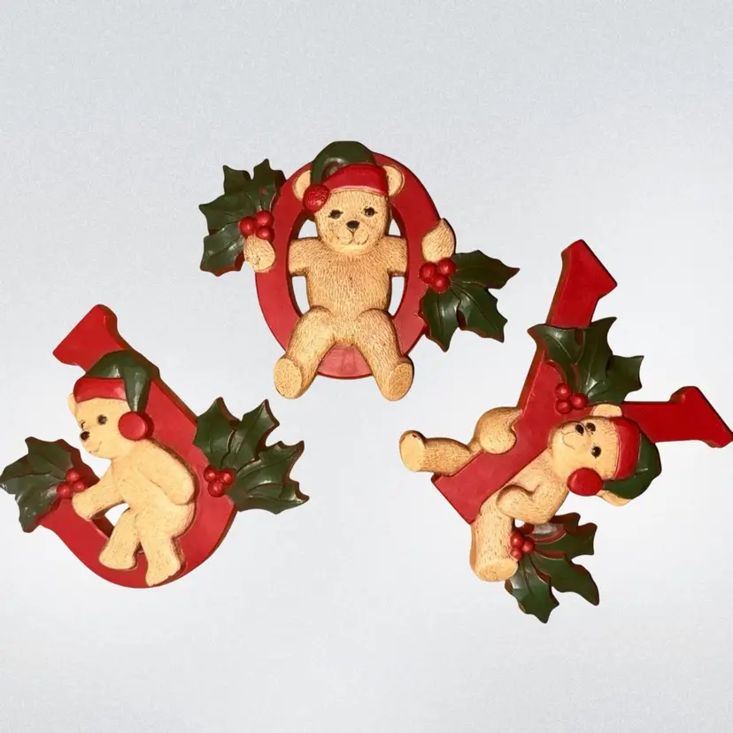 VTG Homco Christmas JOY Bears 3Pc Hanging Wall Plaques Home Interiors USA
