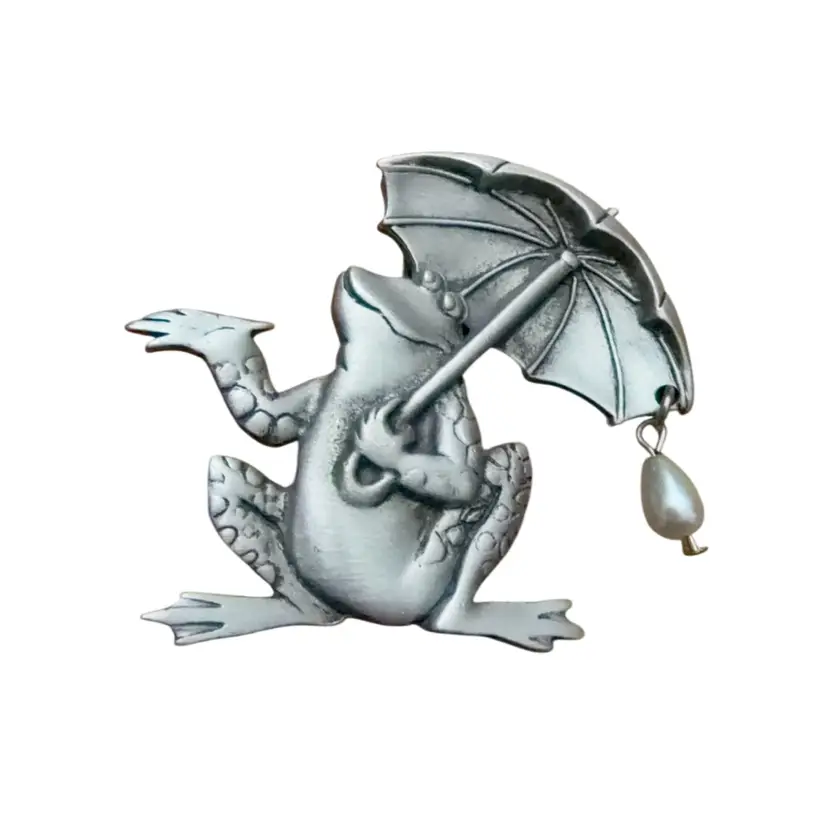 Vintage JJ Frog Brooch: Happy Frog with Umbrella & Faux Pearl