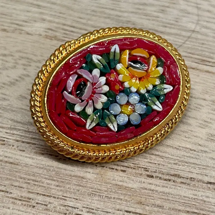 Vintage Micro Mosaic Art Deco Flower Brooch Pin Marked Italy Gold Tone Edge