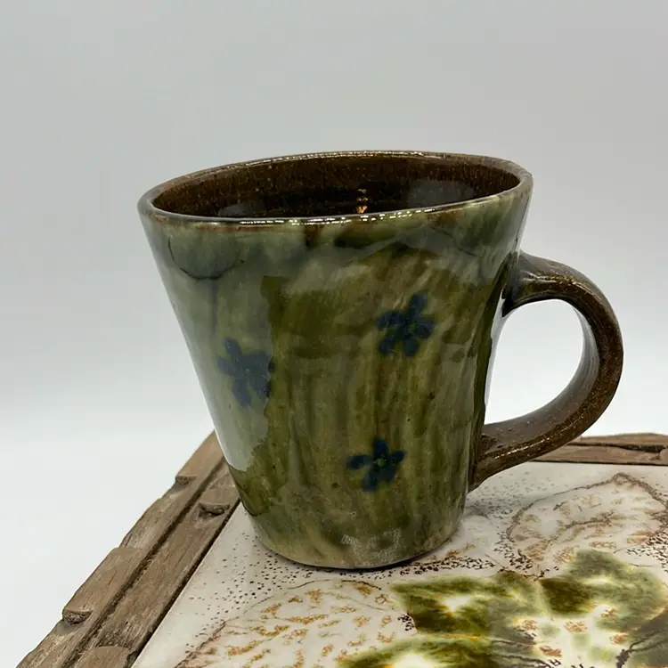 Table Top Trivet S Marco Tile In Rustic Hand Carved Wooden Footed Frame, Italy, Comes With Pottery Mug