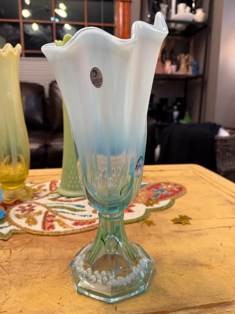 Vintage Fenton Art Glass Hand Painted “Under The Sea” Opalescent Aquamarine  Blue Stretch Art Glass Swung Vase Hand Painted Seahorse! Apx 11.75”h   4.75” Base Signed By Artist