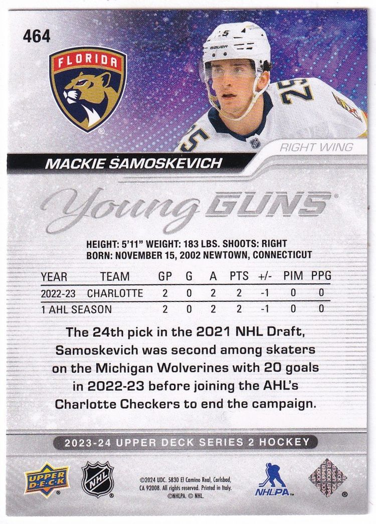 2023-24 Upper Deck #464 Mackie Samoskevich YG RC Florida Panthers Hockey Card