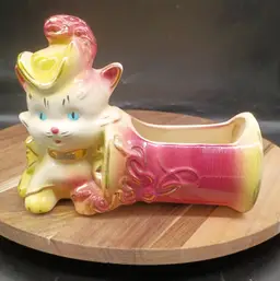 Vintage Hull Anthropomorphic Cat Planter #89 Pink Yellow Gold Trim 1950's Kitsch