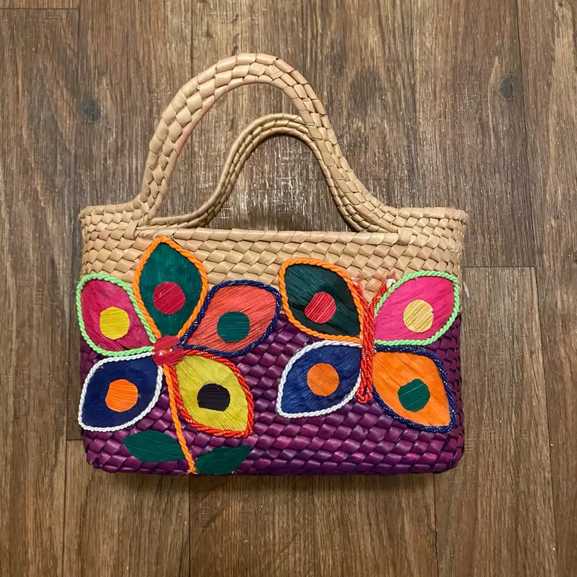 Artisan Made Woven Straw Hand Bag Tote Butterfly & Flower Purple Tan 7x10 READ