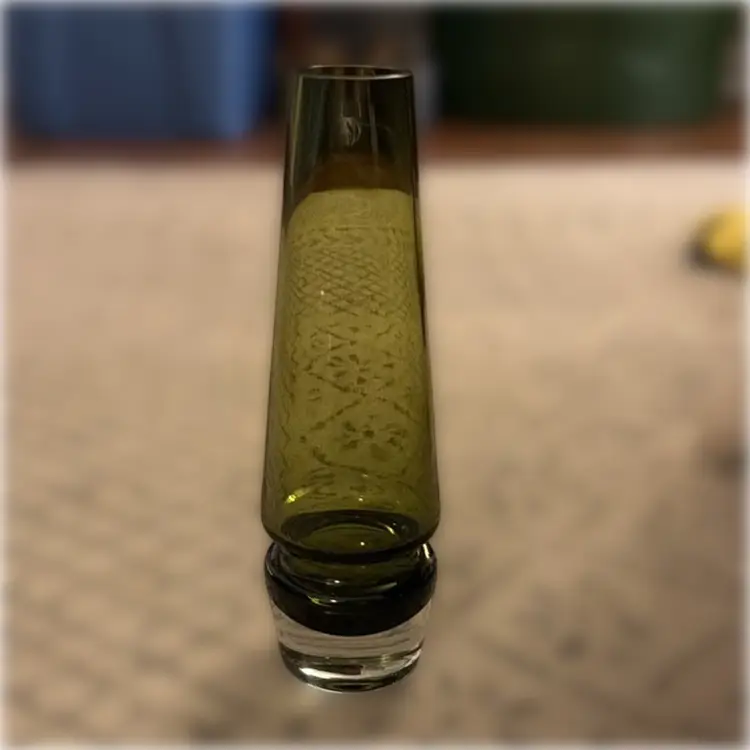 Vintage Finncristall Glass Olive Green Vase with Clear Base - Made in England - 9” tall