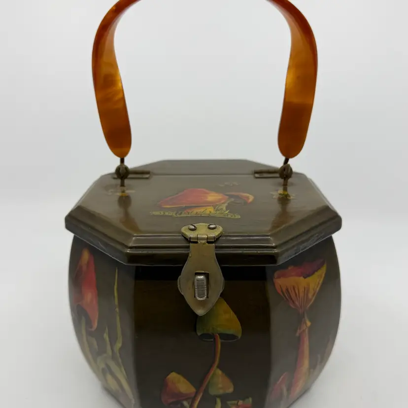 Vintage 60s Wooden Hexagon Lucite Handle Mushroom Purse Fabric Interior
