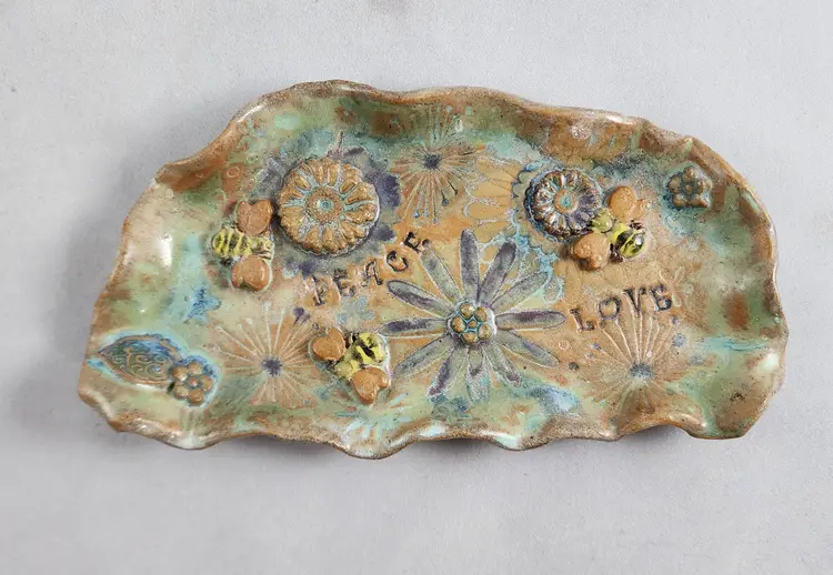 Art Pottery "Peace Love" Trinket Dish Flowers Bees - Signed