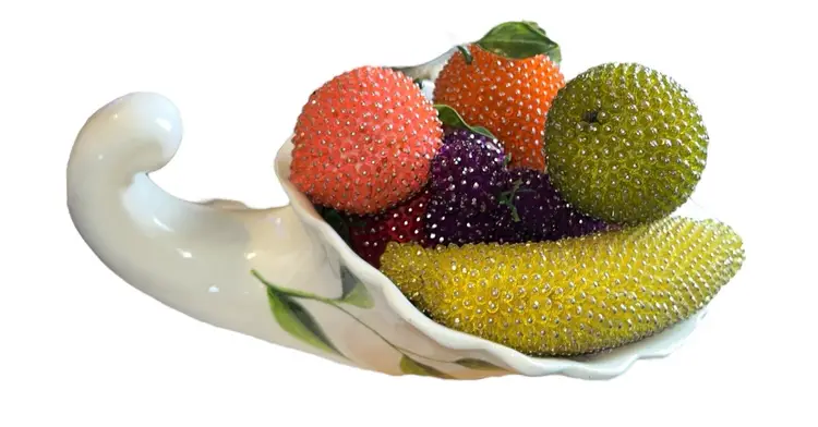 VTG Lot Mid-Century Push Pin Sequined Beaded Faux Fruit Decor In Cornucopia