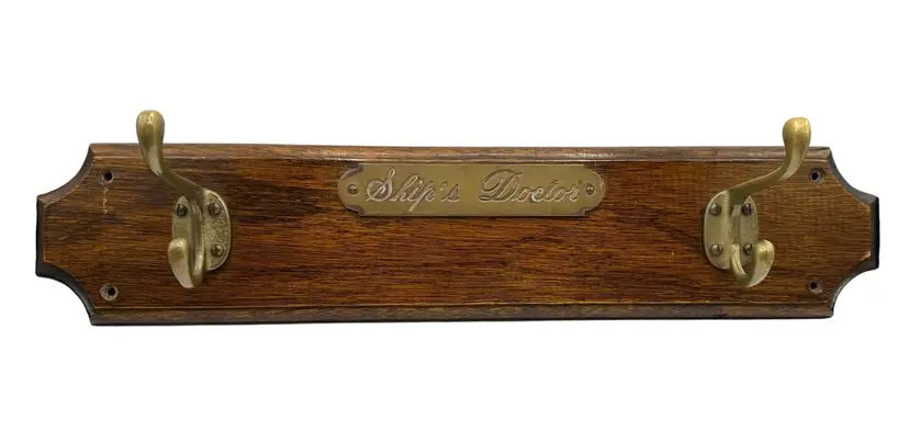 Vintage Ships Doctor Wood Brass Coat Hat Rack Rail Plaque Nautical Boat 20”