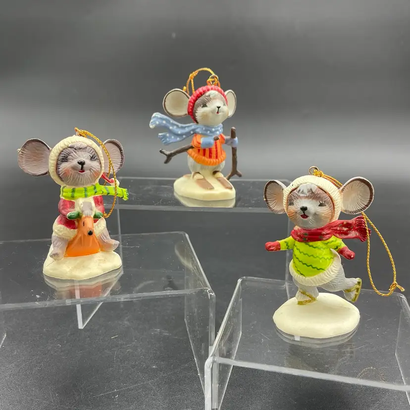 Winter Sports Mice Skating Skiing Rocking Horse 3 Plastic Christmas Ornaments