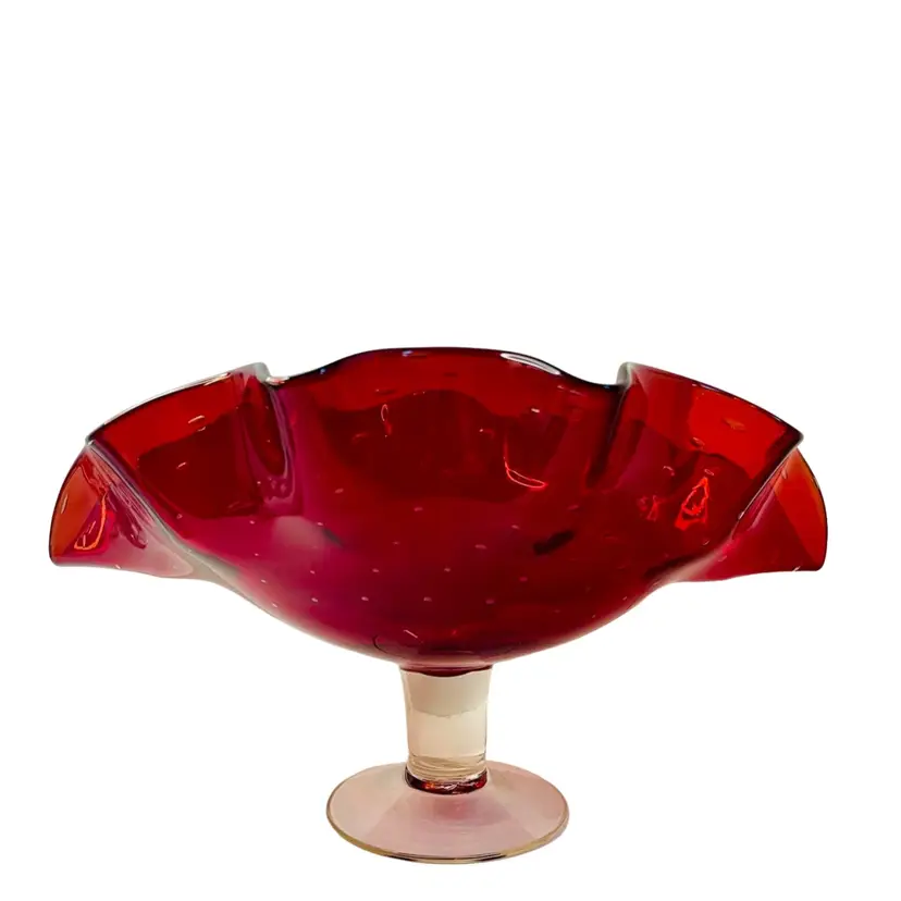 Bischoff Red  Glass Bowl  bullicante bubbles Ruffled Centerpiece Bowl Fruit Candy Holiday Decor 7” T x 12-1/4” L  x 8-3/4” W