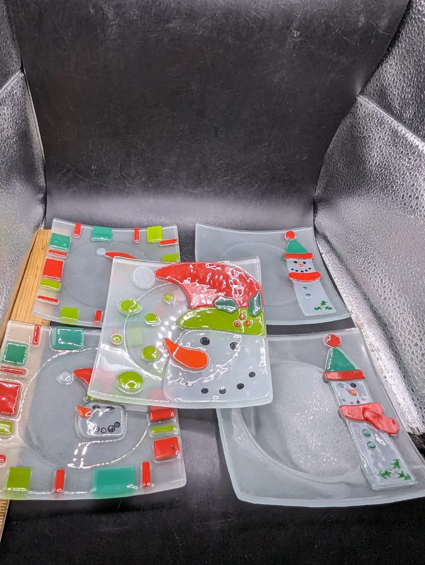 Set of 5 Snowman Fused Glass Square Dessert/Tidbit Plates.