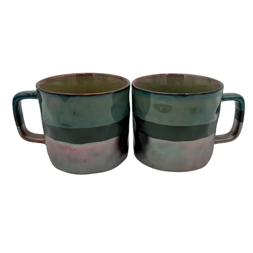 Pair (2) Roscher Stoneware Large Coffee/Tea Mugs, Blue/Dichroic Purple/Bronze