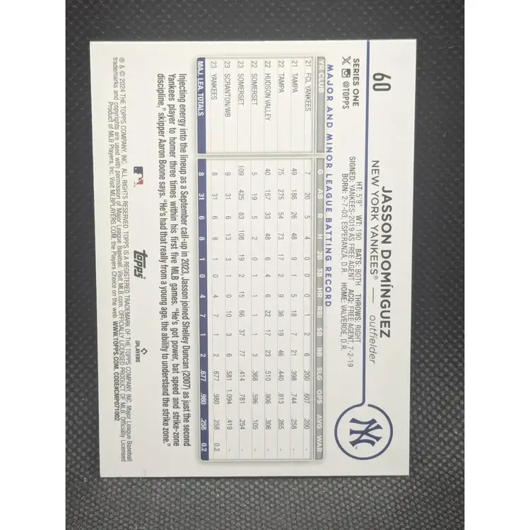 Jasson Dominguez 2024 Topps Series 1 Base New York Yankees #60 RC