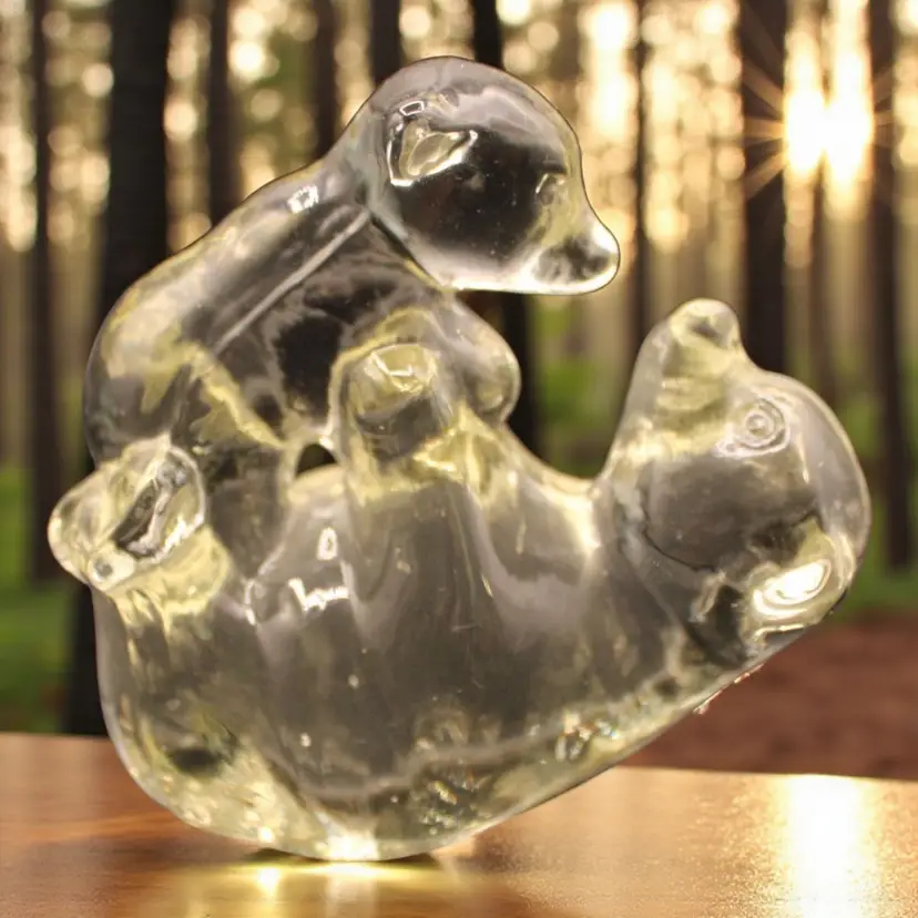 Clear Art Glass Momma & Baby Bear Figurine 4” Tall