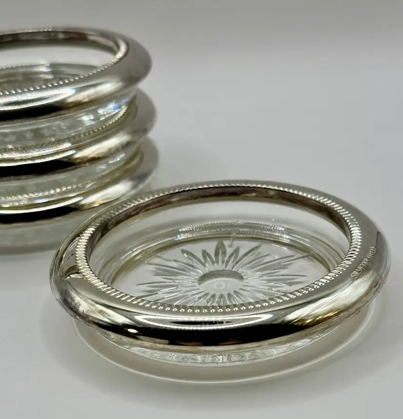Vintage Italian Silver Plated Glass Coasters Starburst Pattern, Set of 4, Mid-Century Barware, Unbranded, Made In Italy
