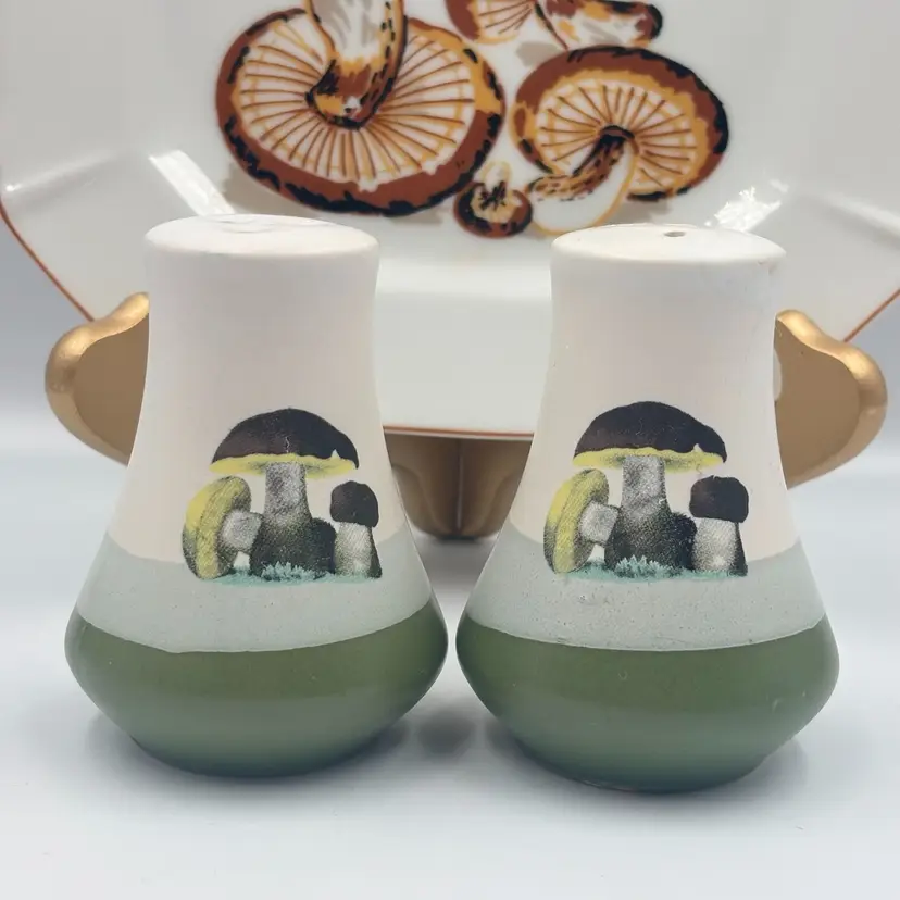Green Toned Mushroom Salt & Pepper Shakers 2.5”