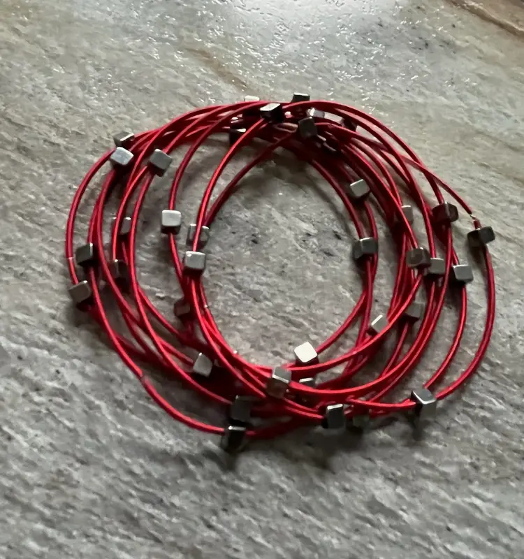 Red Cord with Hematite Square Beads Bracelet up to 6" Wrist