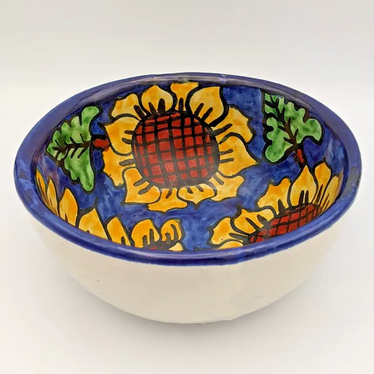 Talavera Rea Terracotta Folk Art Pottery Yellow and Blue Sunflower Bowl Mexico