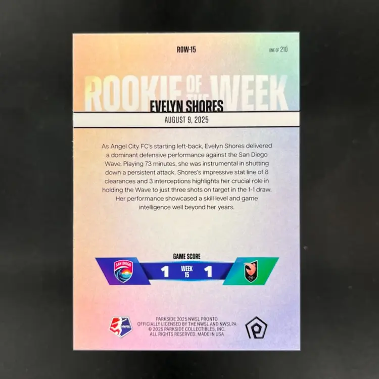 Evelyn Shores 2025 NWSL Parkside Pronto Rookie Of The Week Subscriber Exclusive /210 Soccer Card #ROW15