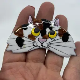 Copper Enamel Calico Cat Brooch 2.75”