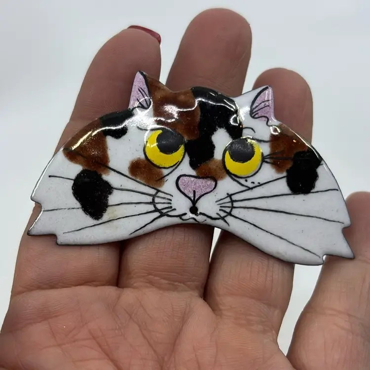 Copper Enamel Calico Cat Brooch 2.75”