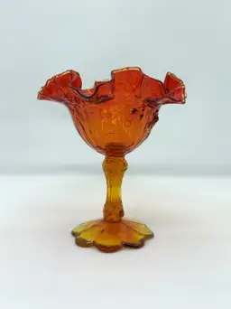 Fenton Cabbage Rose Amberina Glass Compote | UV Reactive Ruffled Pedestal (0279-25)