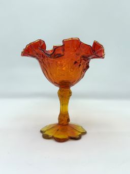 Amberina Glass Compote – Fenton Cabbage Rose Pedestal Dish, Mid Century, UV Glow