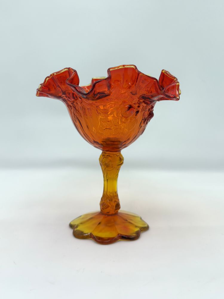 Amberina Glass Compote – Fenton Cabbage Rose Pedestal Dish, Mid Century, UV Glow