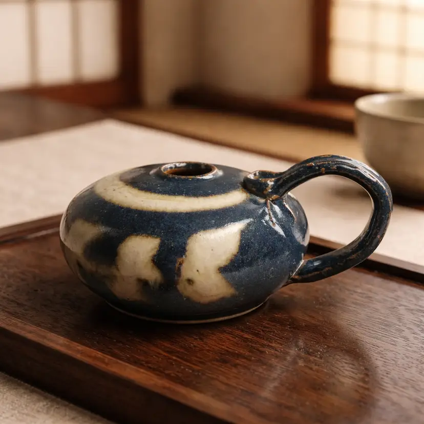 Studio Art Pottery Pot  or Vase w/ Handle (Green, Brown Glaze on Beige Base)