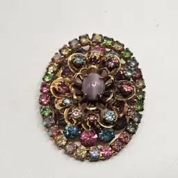 Gold Tone Brooch Pin pendant multi color with some uranium Glass And layers of stones