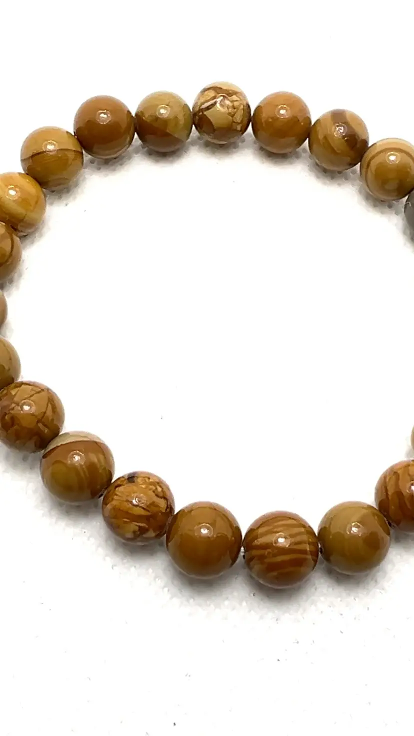 Petrified Wood Orange, Brown & Cream 8mm Beads.  7” Stretch Bracelet Jewelry