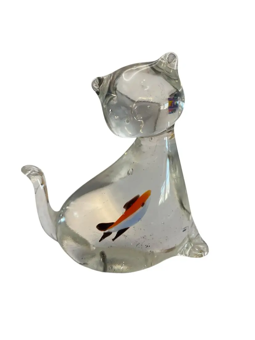 Glass Cat with Fish in belly Paperweight