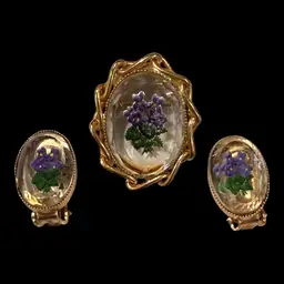 Reverse Carved Painted Floral Brooch And Clip On Earring Set