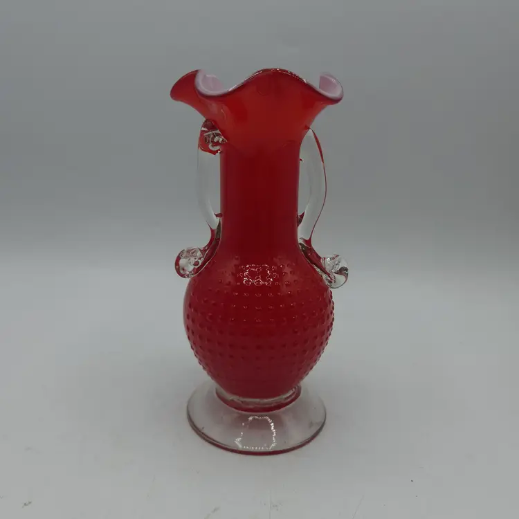 Red Vintage Vase Hand Blown Cased Glass HOBNAIL w Handles Ruffled Rim 6" Tall