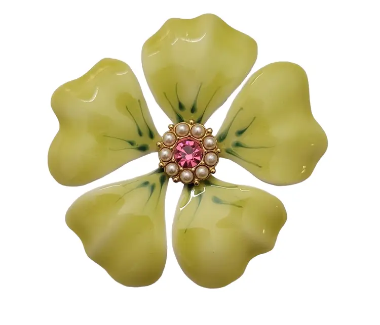 Yellow Green Enamel Faux Pearl Pink Rhinestone Flower Brooch E627