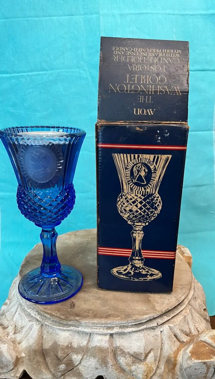 VTG Avon 1976 Fostoria Glass Cobalt blue With Martha Washington goblet/candle Holder