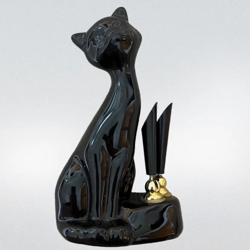 Black Cat Vintage MCM Double Pen Holder Ceramic Desk Accessory