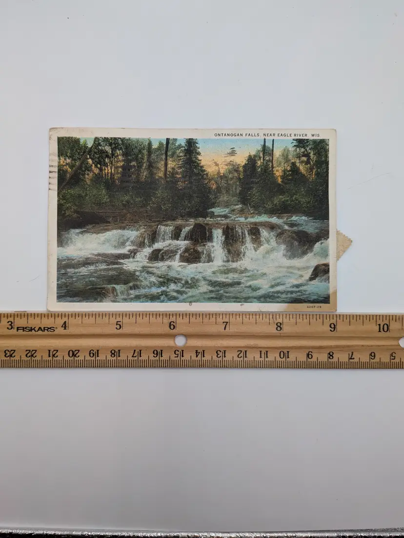 E111. Ontanogan Falls near Eagle River, WI Vintage POSTCARD photography colored photo Green 1¢ Stamp Postmarked 1931 2nd stamp accidentally stuck to it 1954 Christmas