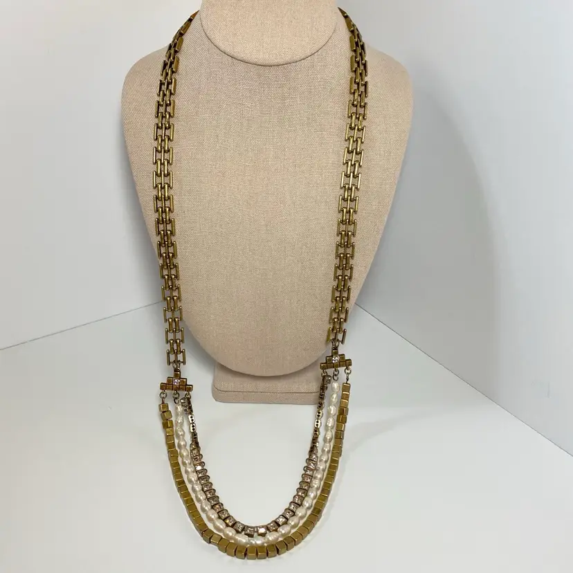 Ann Taylor Vintage Long Panther Chain Faux Pearl Rhinestone Antique Gold Tone