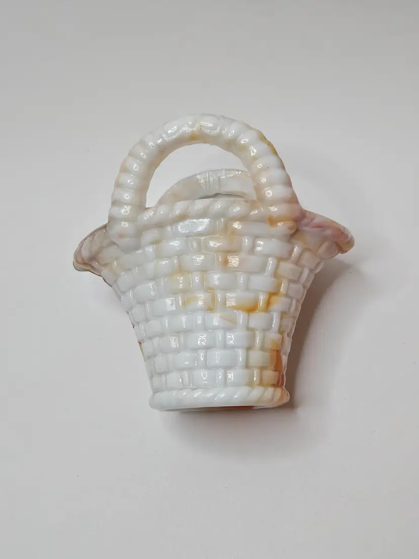 Slag Glass Woven Basket Look Trinket Decor Double Handles Orange White Swirl
