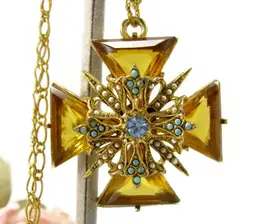 Share Vtg Arthur Pepper Rhinestone Maltese Cross Pendant Designer Signed Art Necklace